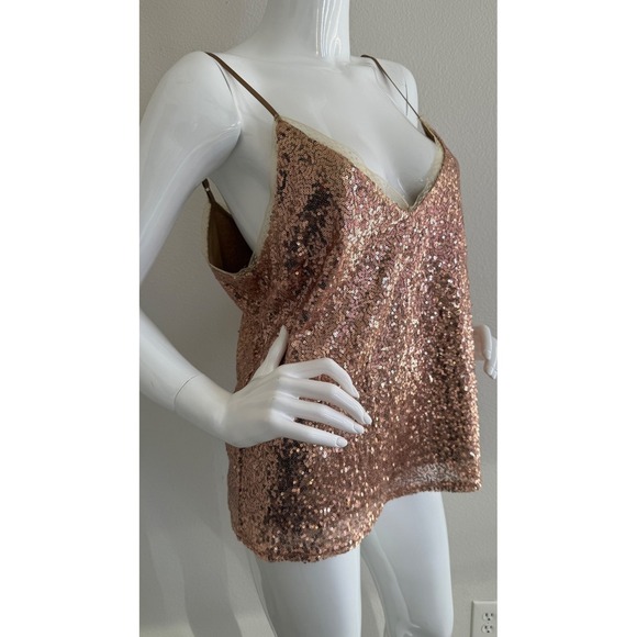 VTG Sequin Cami Top Sz L Dainty Lace Trim Rose Gold - Picture 9 of 13